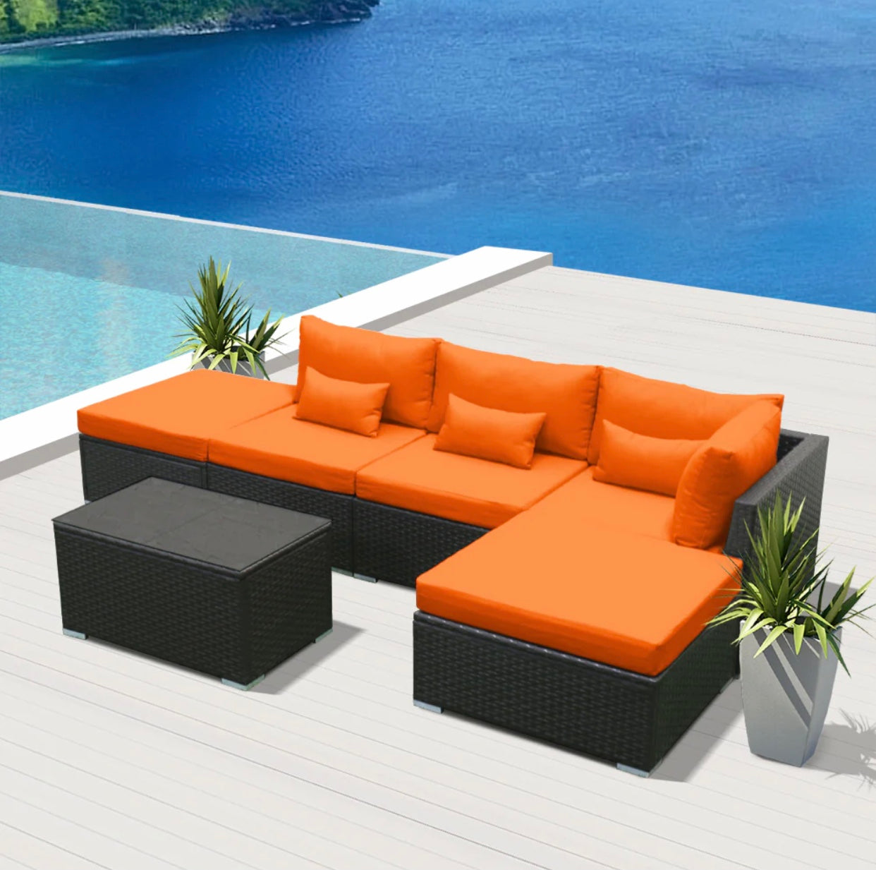 Orange Rattan Outdoor Garden Furniture Sets in 6 Pieces Six